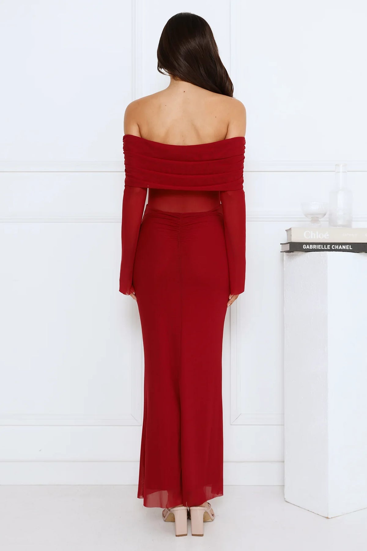 Softspell Off Shoulder Mesh Maxi Dress Burgundy