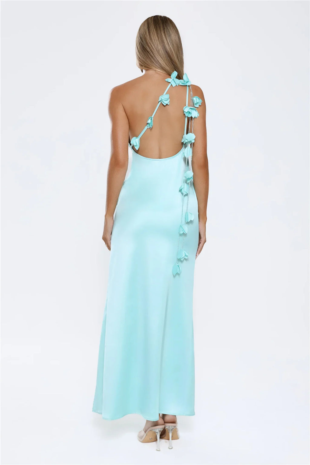 Romance Redefined One Shoulder Satin Maxi Dress Aqua