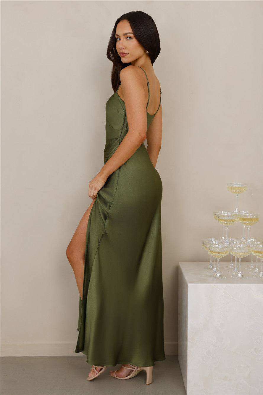 The Violetta Satin Maxi Dress Olive