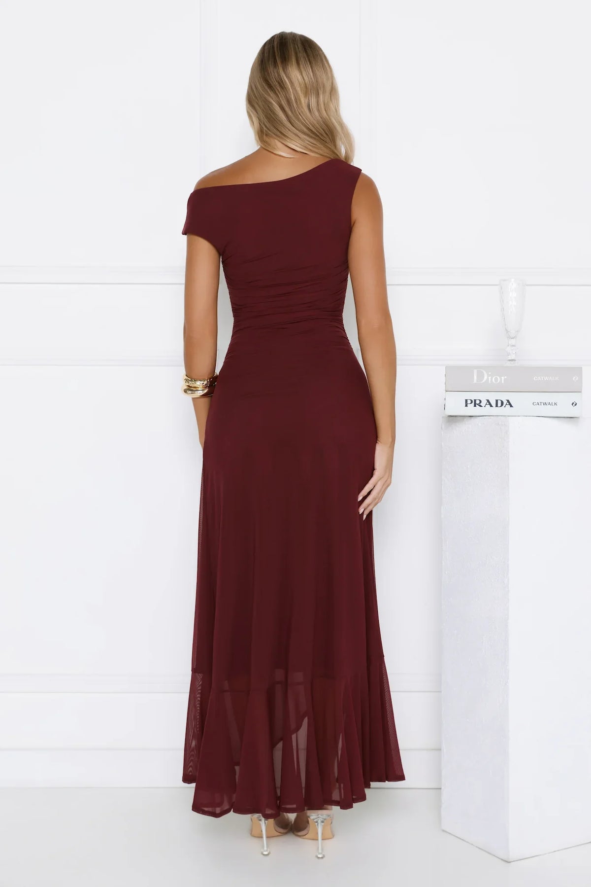 Effortless Story Off Shoulder Mesh Midi Dress Wine