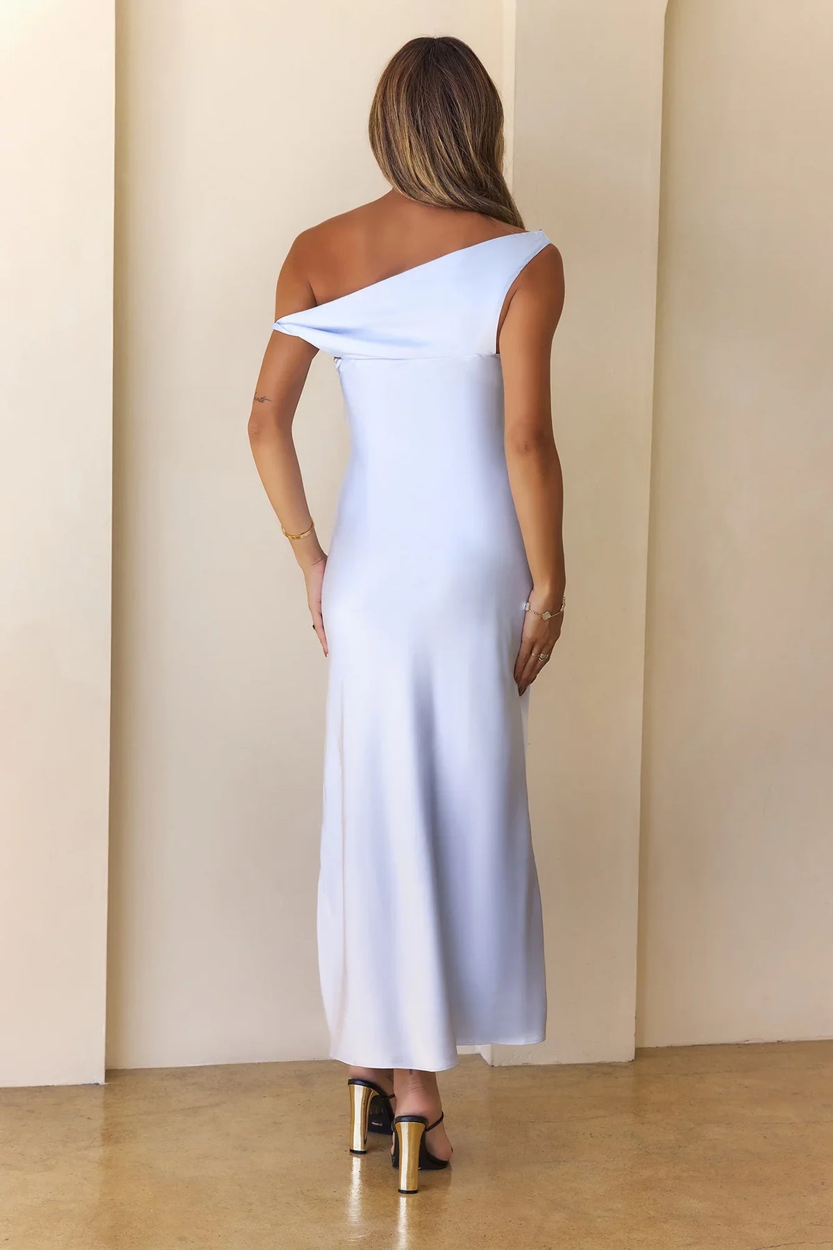 Parisian Life Off Shoulder Satin Midi Dress Blue