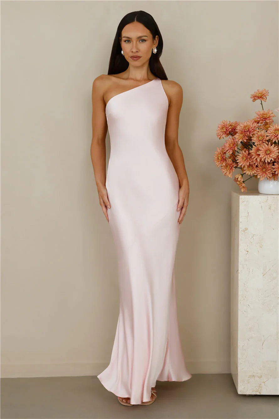 The Evangeline One Shoulder Satin Maxi Dress Pink
