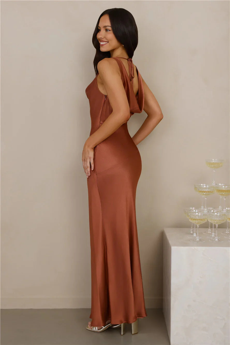 The Loretta Cowl Satin Maxi Dress Copper