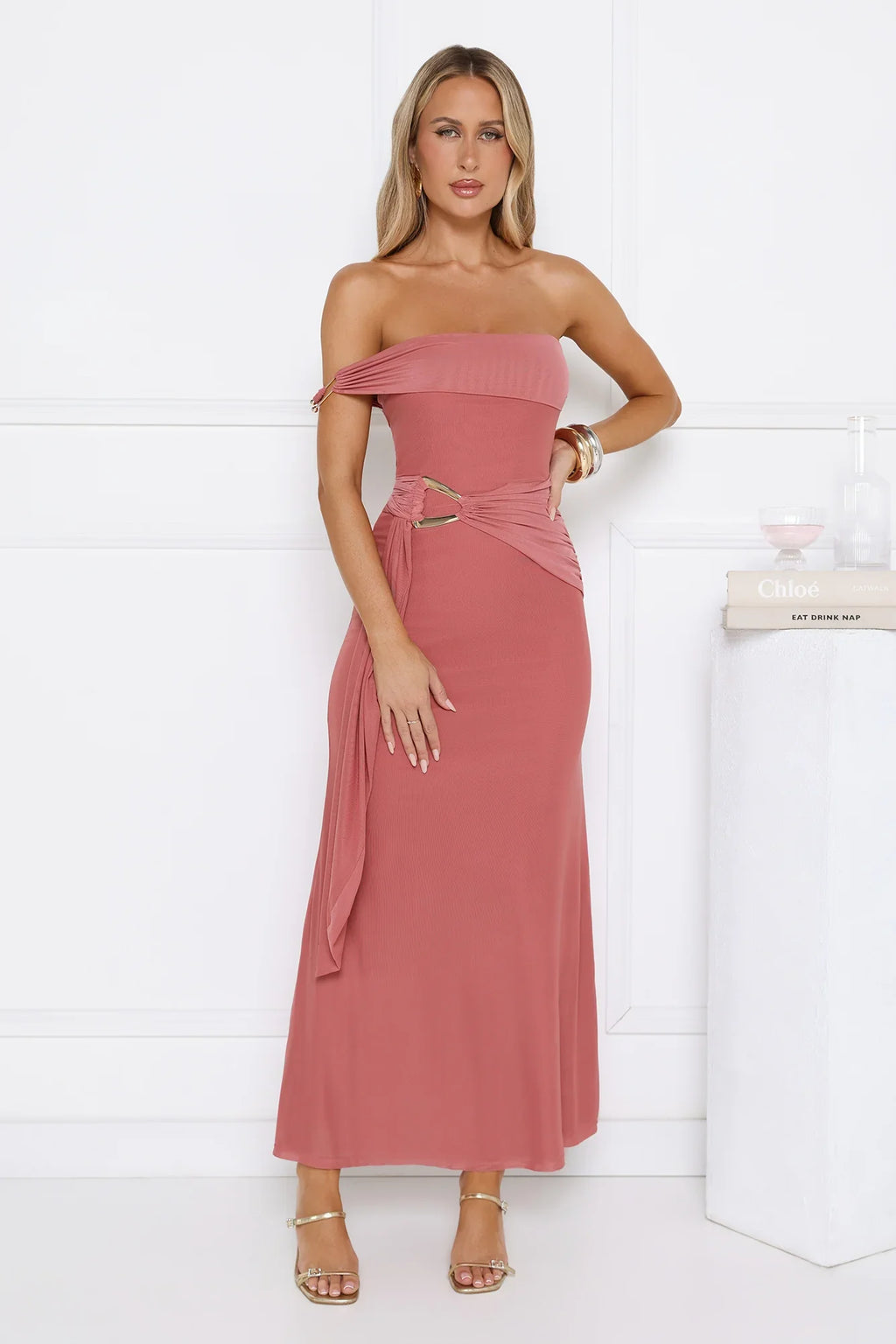 Late Night Kiss Off Shoulder Maxi Dress Rose