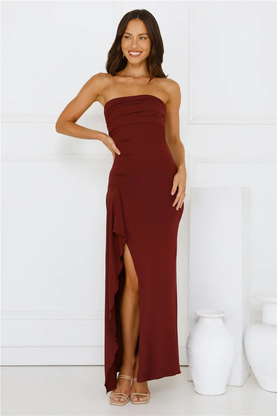 Sunshine Shuffle Strapless Maxi Dress Burgundy