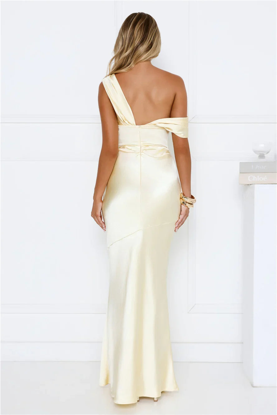 She’s A Dream Satin Off Shoulder Maxi Dress Yellow