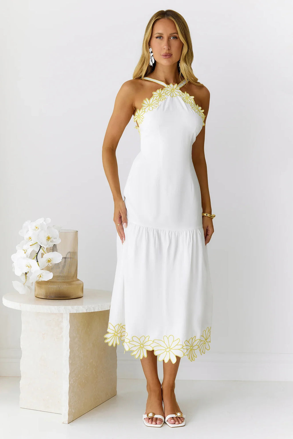 Golden Petals Midi Dress White