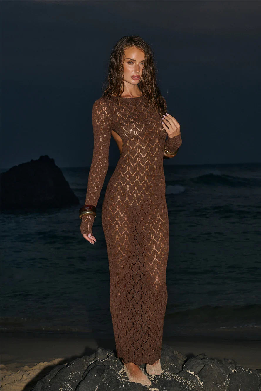 Island Aura Long Sleeve Knit Maxi Dress Chocolate