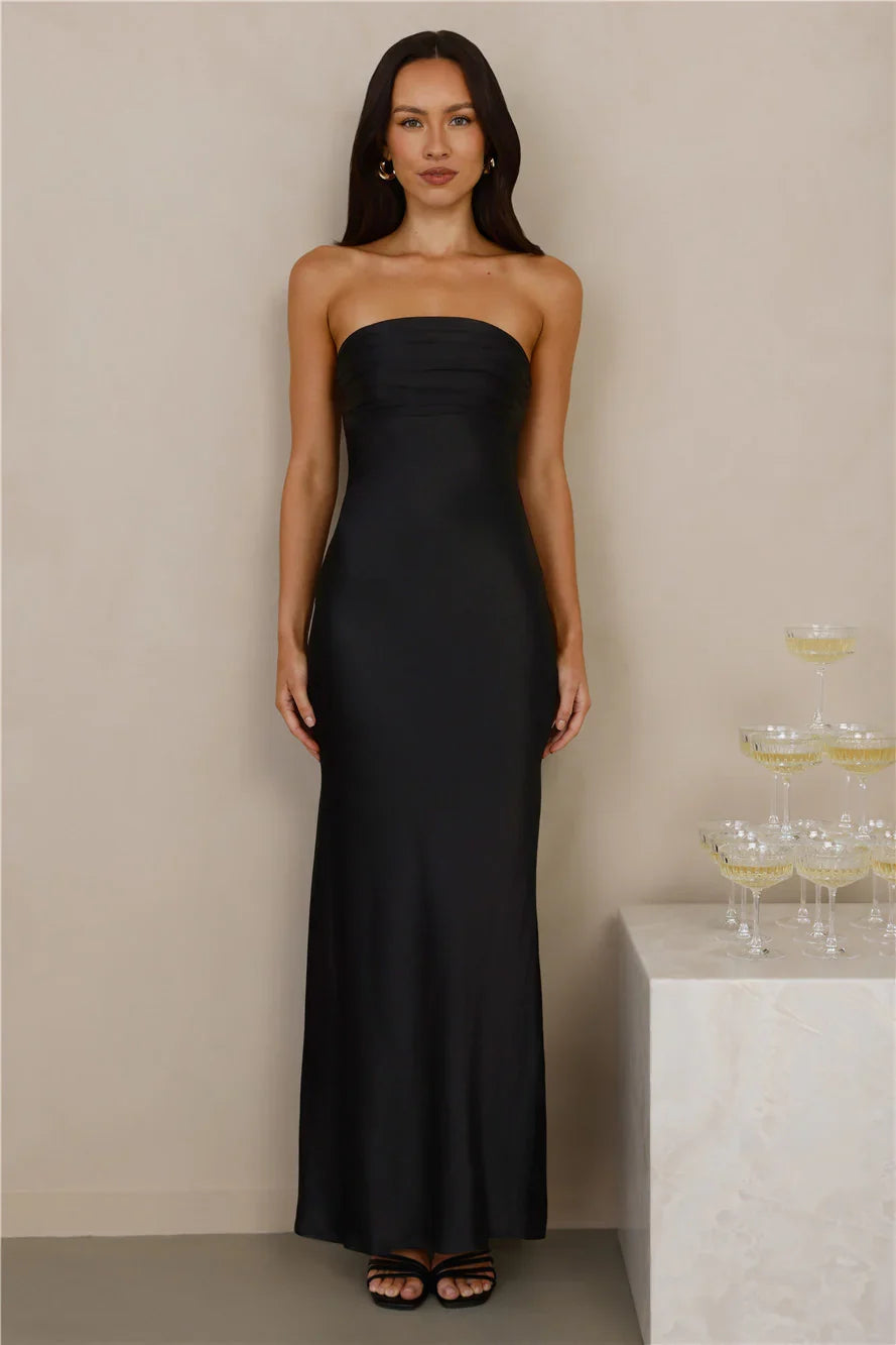 The Seraphina Strapless Satin Maxi Dress Black