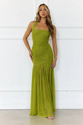 Evelyn Luxe Mesh Halter Maxi Dress Olive