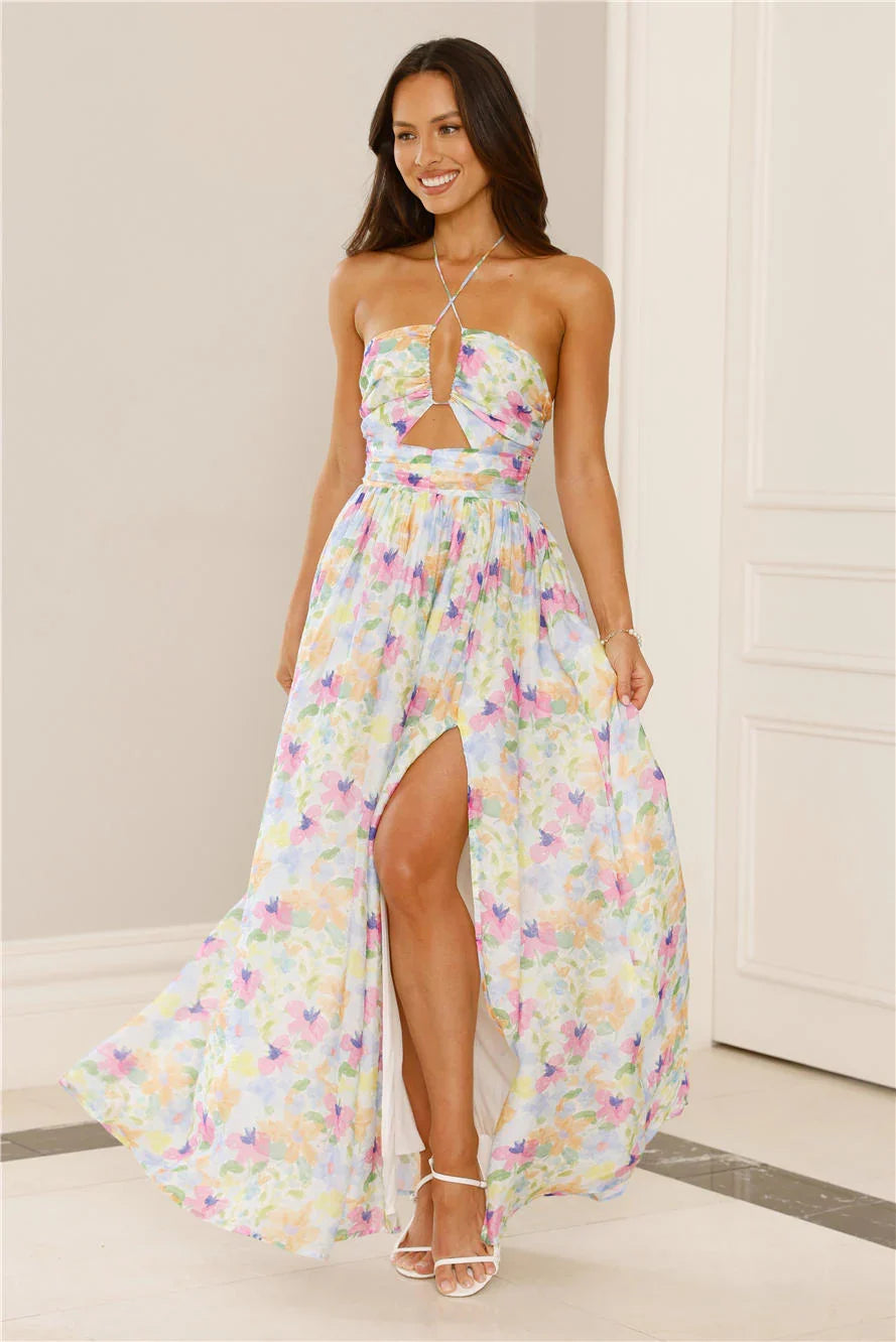 Hibiscus Hues Halter Maxi Dress Print