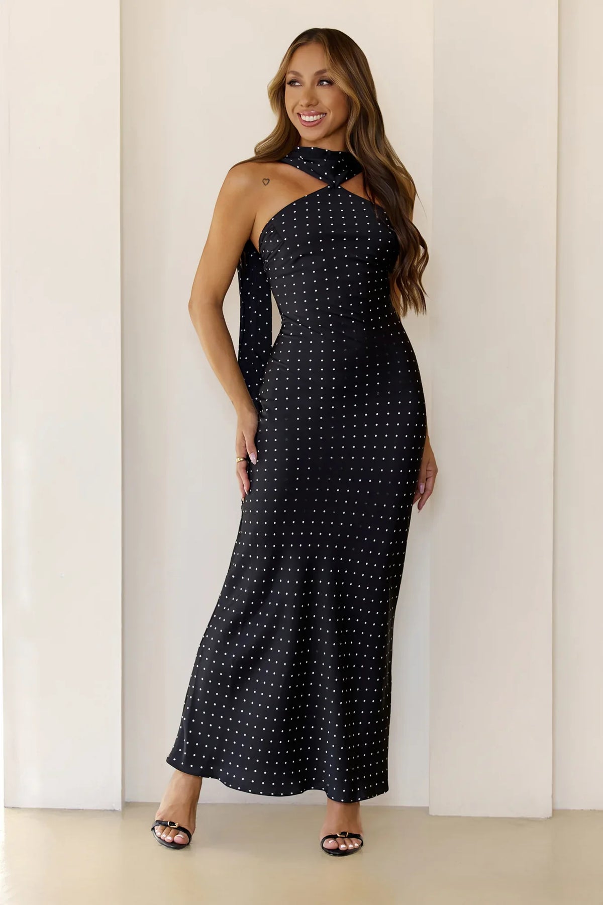 Orchid Dusk Polka Dot Satin Maxi Dress Black