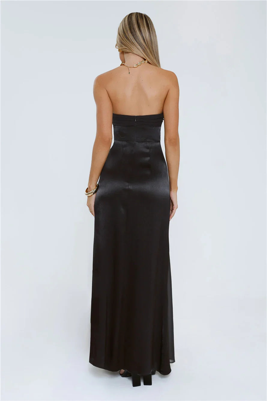 Statement Shine Strapless Satin Maxi Dress Black