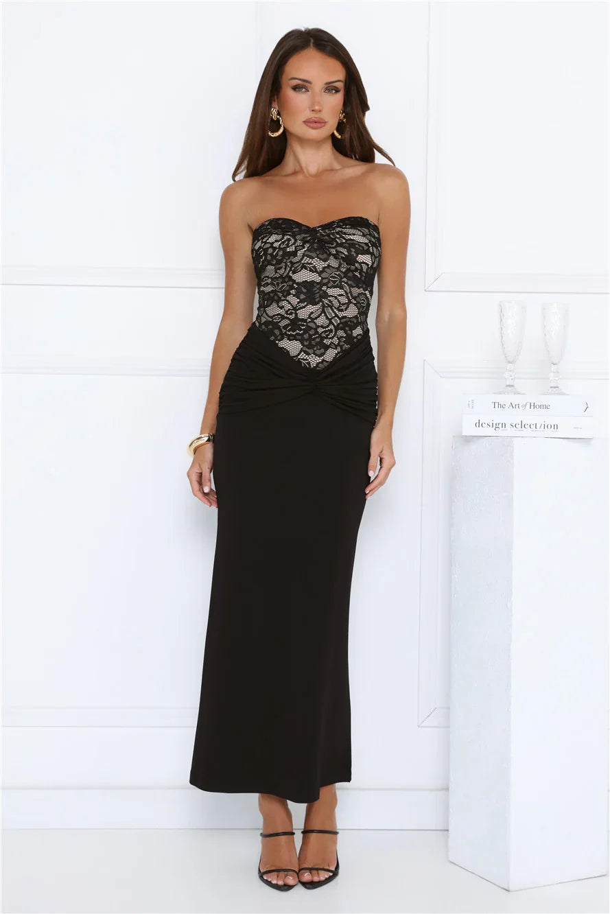 Signature Sleek Lace Strapless Maxi Dress Black
