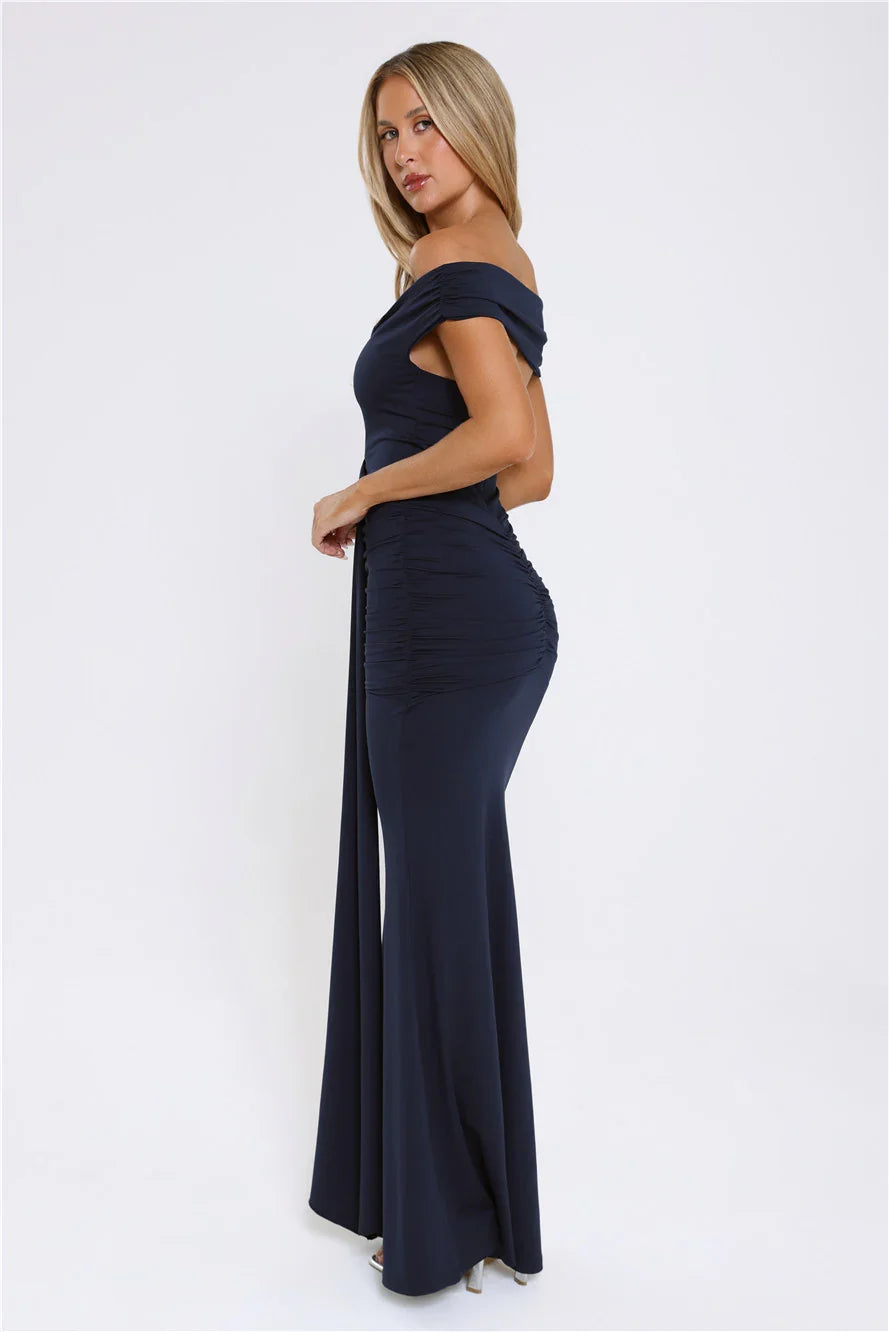 Chic Serenity Off Shoulder Maxi Dress Navy