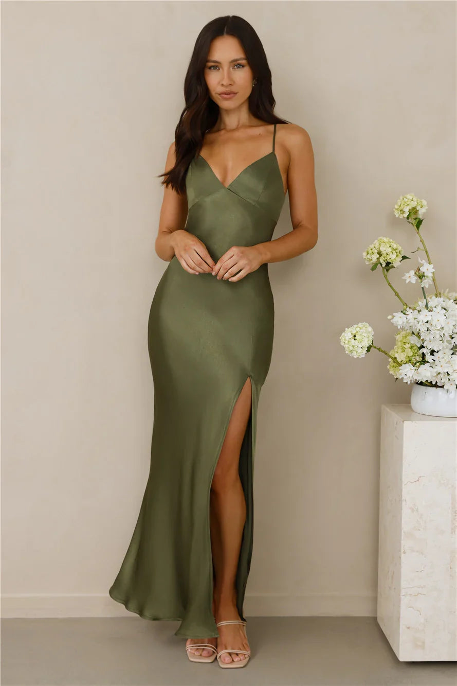 The Sophia Satin Maxi Dress Olive