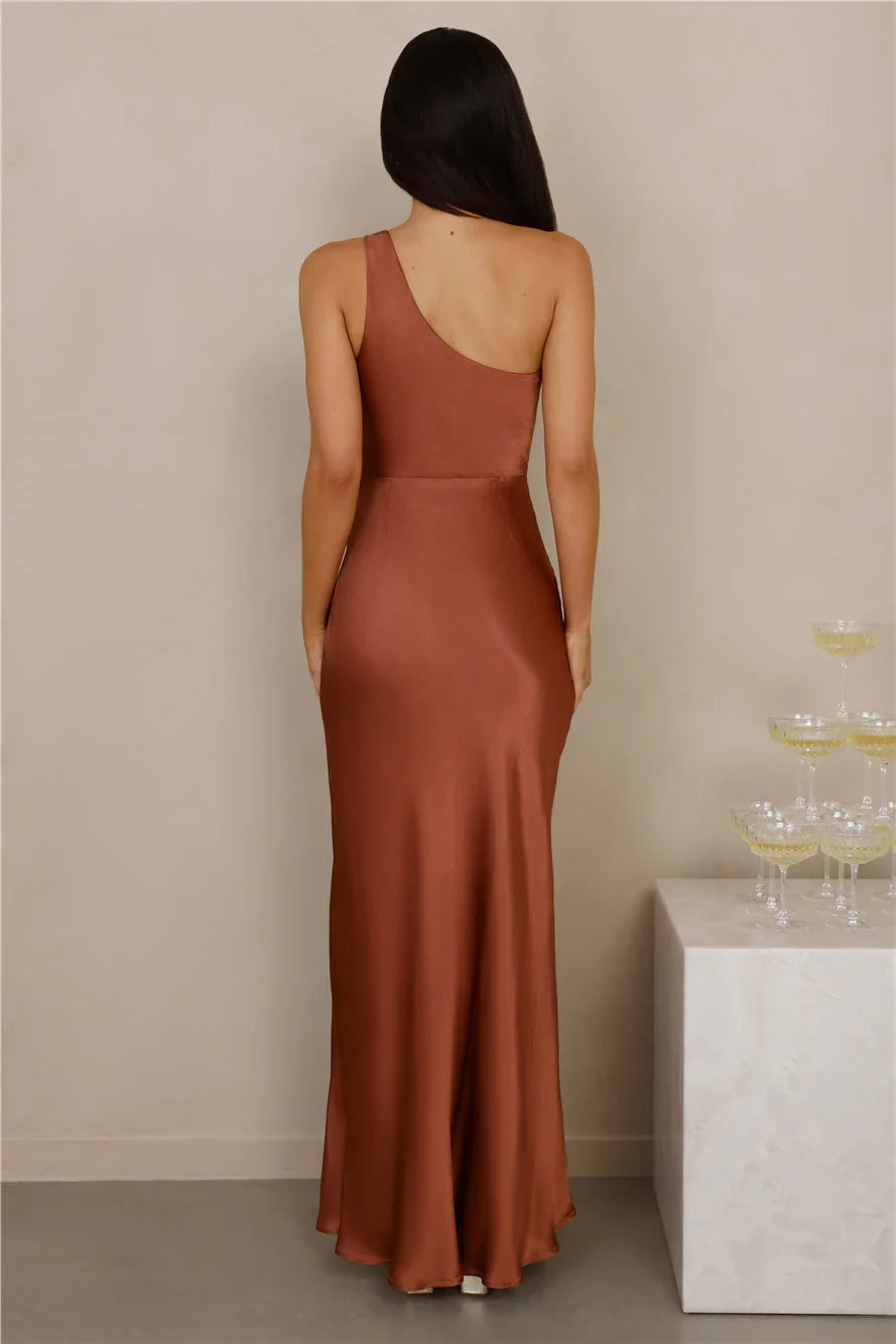 The Aurora One Shoulder Satin Maxi Dress Copper
