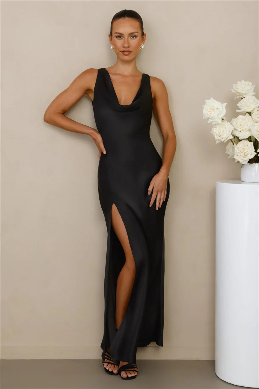 The Loretta Cowl Satin Maxi Dress Black