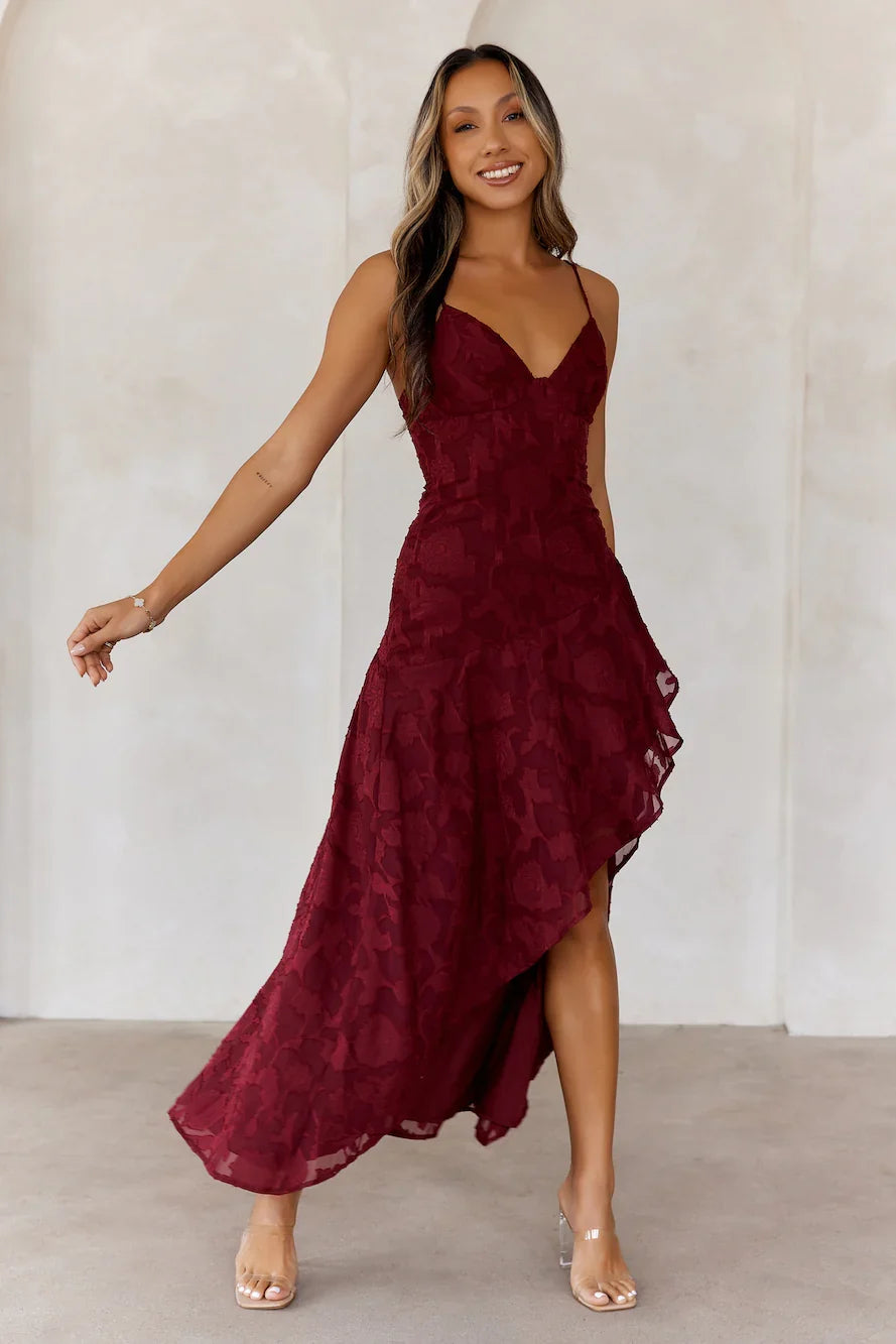 Sapphire Cascade Midi Dress Maroon