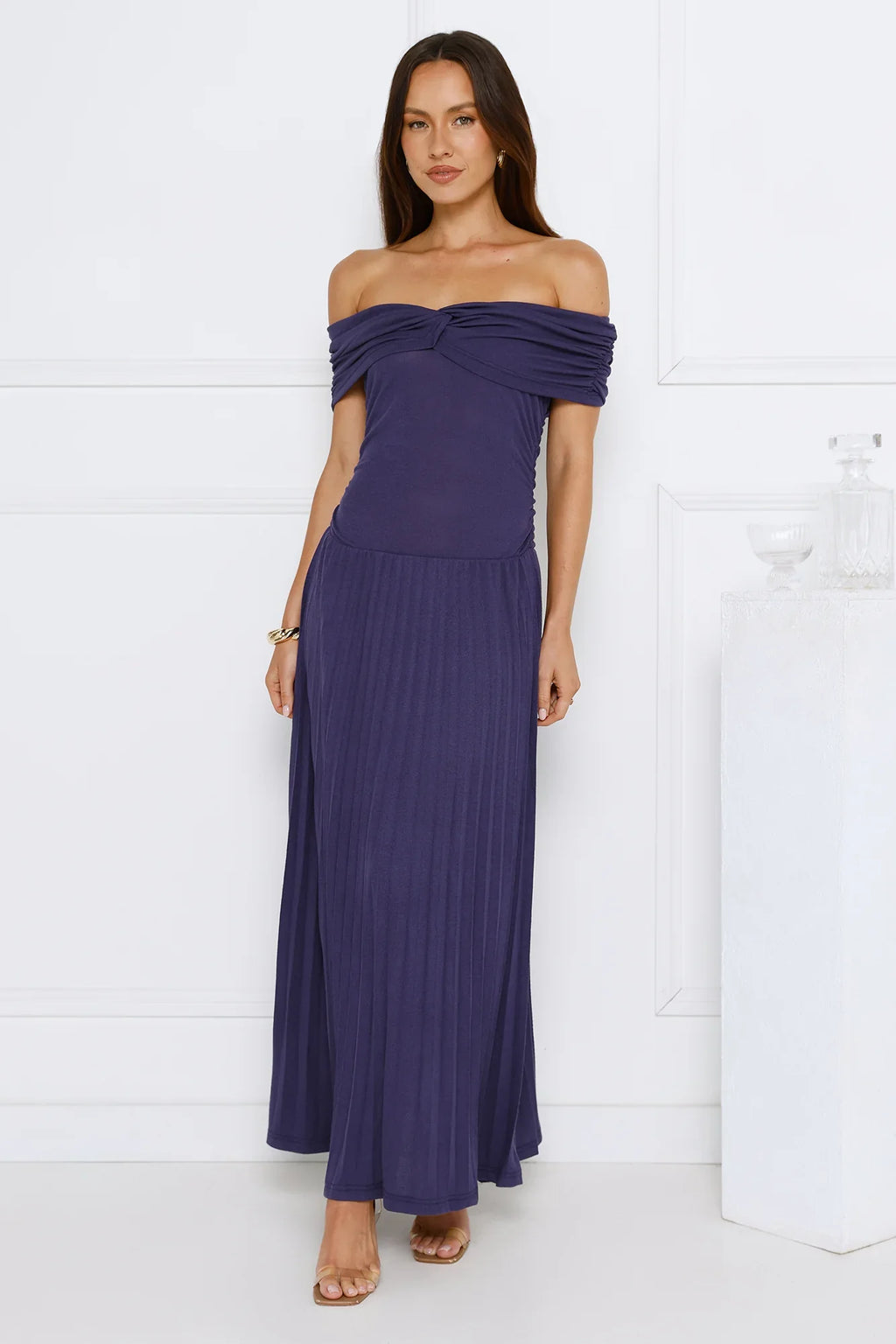 Nikita Off Shoulder Ribbed Maxi Dress Navy