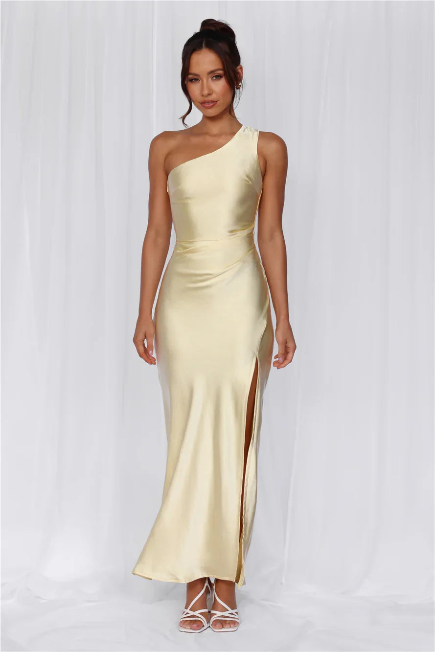 The Aurora One Shoulder Satin Maxi Dress Yellow