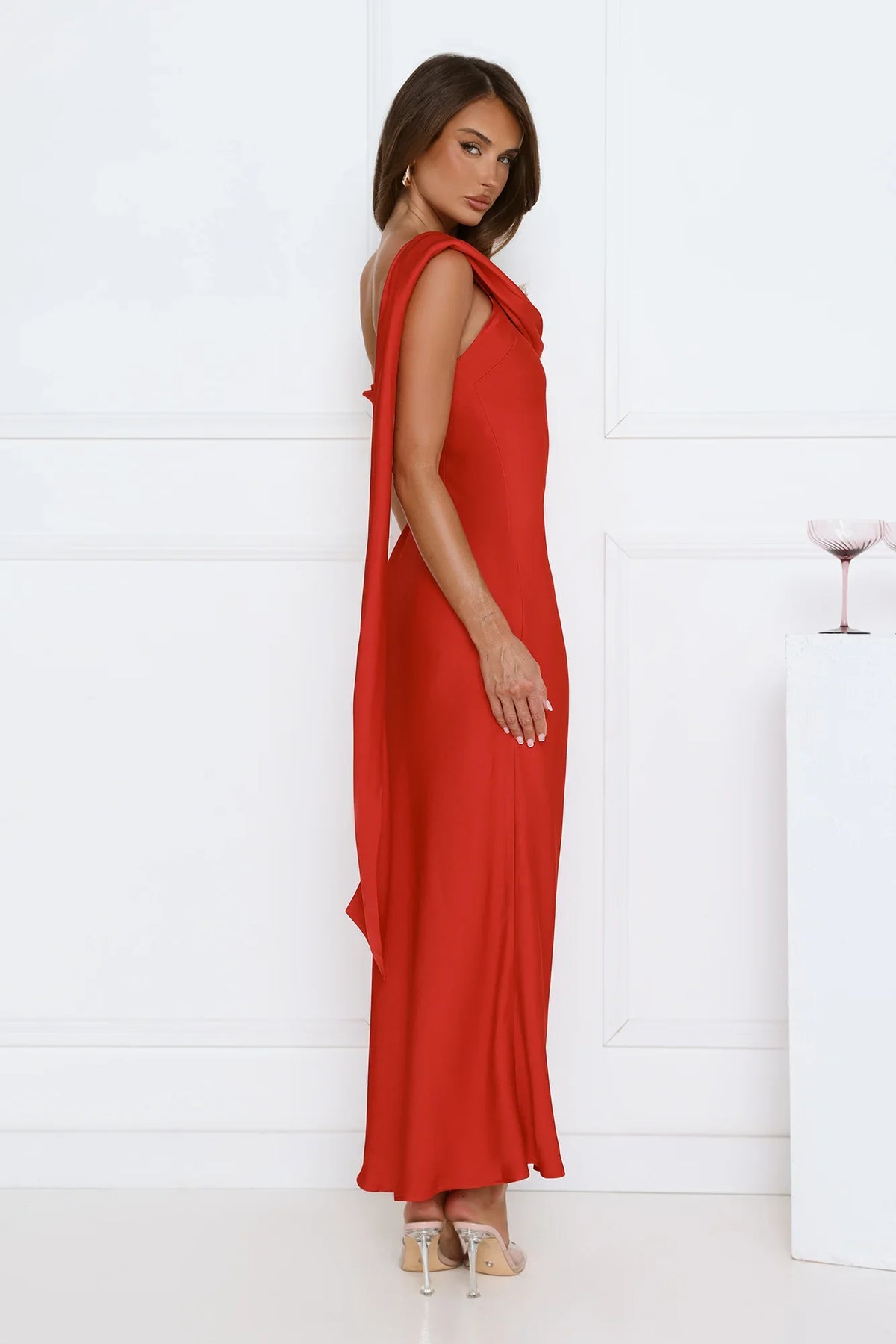 Whispered Flame Satin Maxi Dress Red