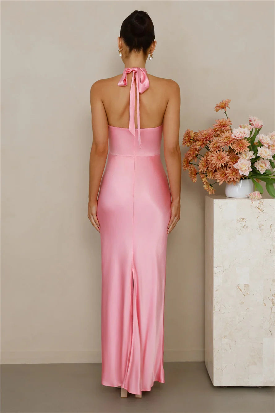 The Cleo Halter Satin Maxi Dress Candy