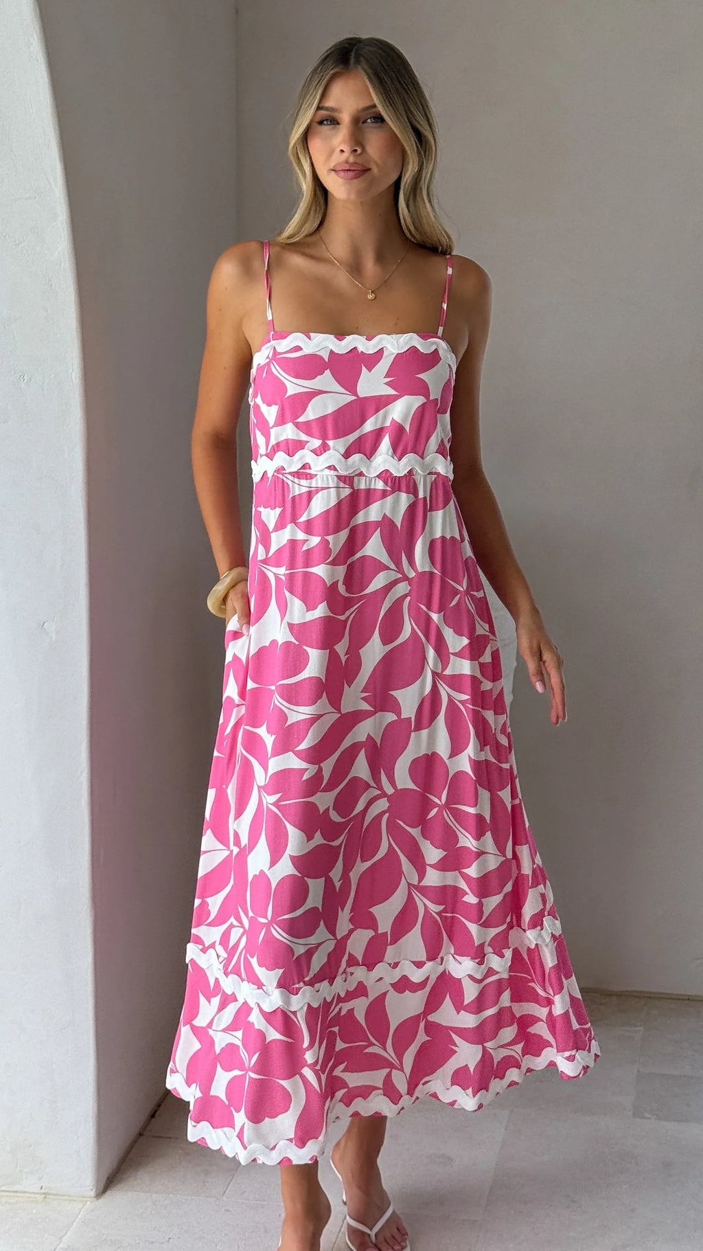 Seraphina Midi Dress - Fuchsia/White Print