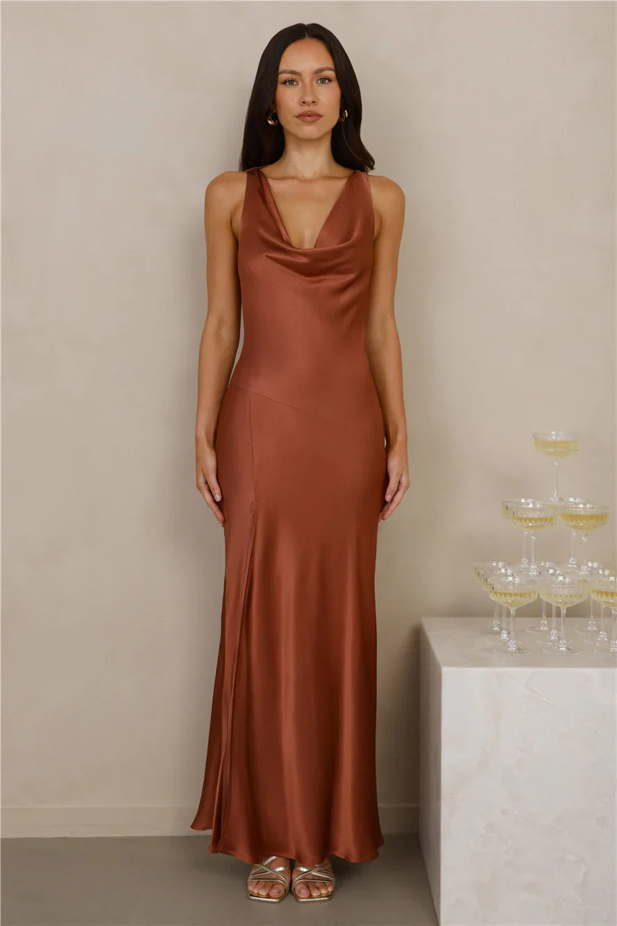 The Loretta Cowl Satin Maxi Dress Copper