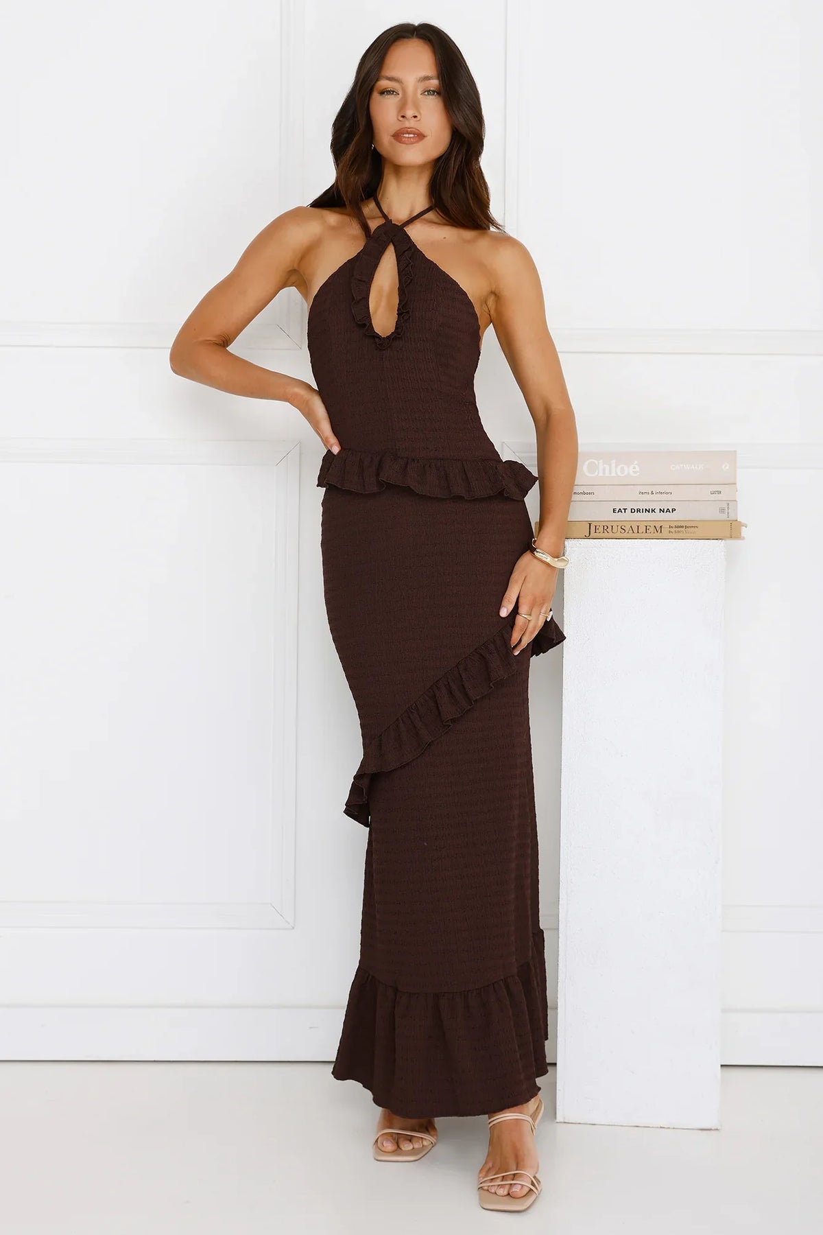 Mango Mojito Halter Maxi Dress Brown