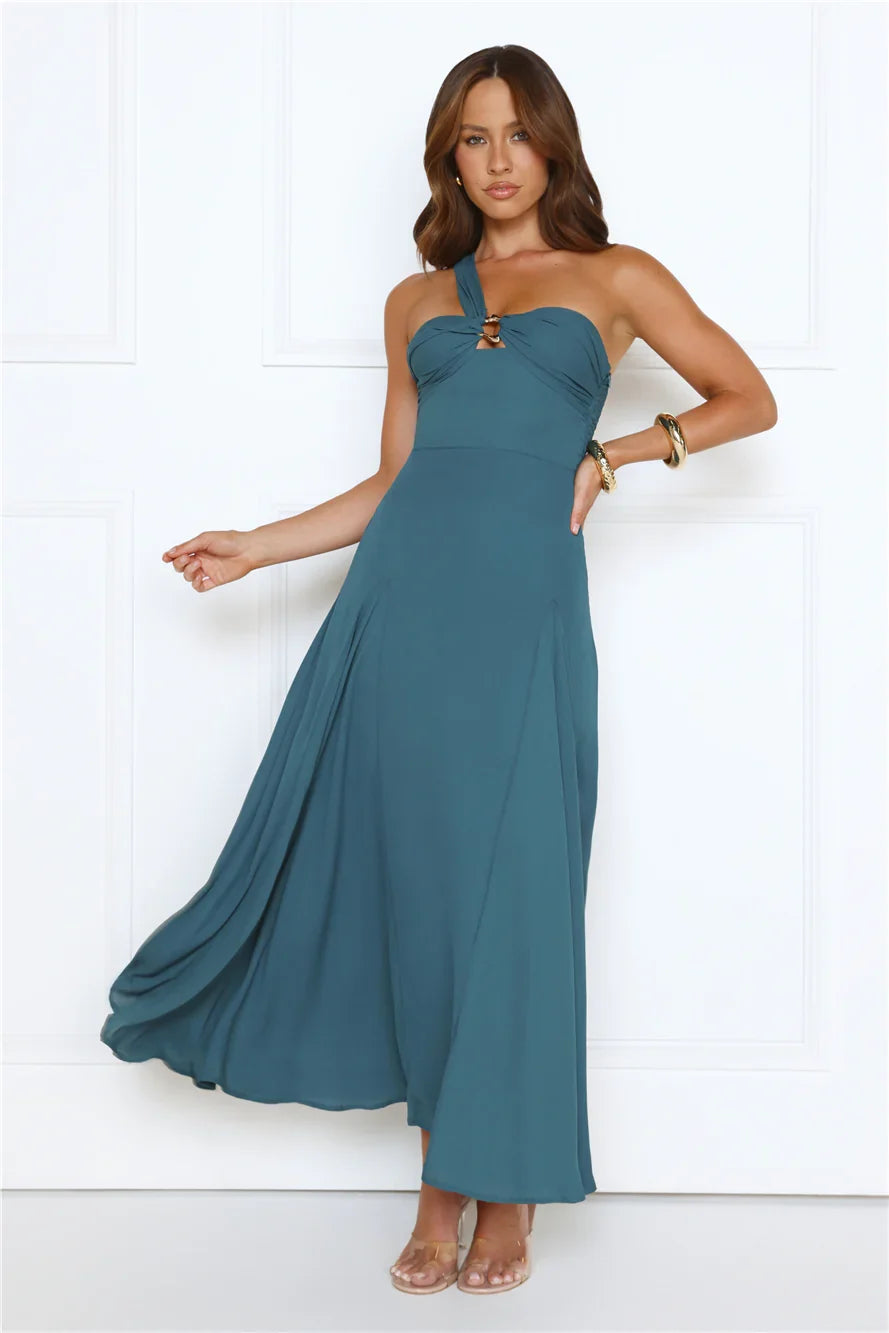 Glossed Edge One Shoulder Maxi Dress Teal