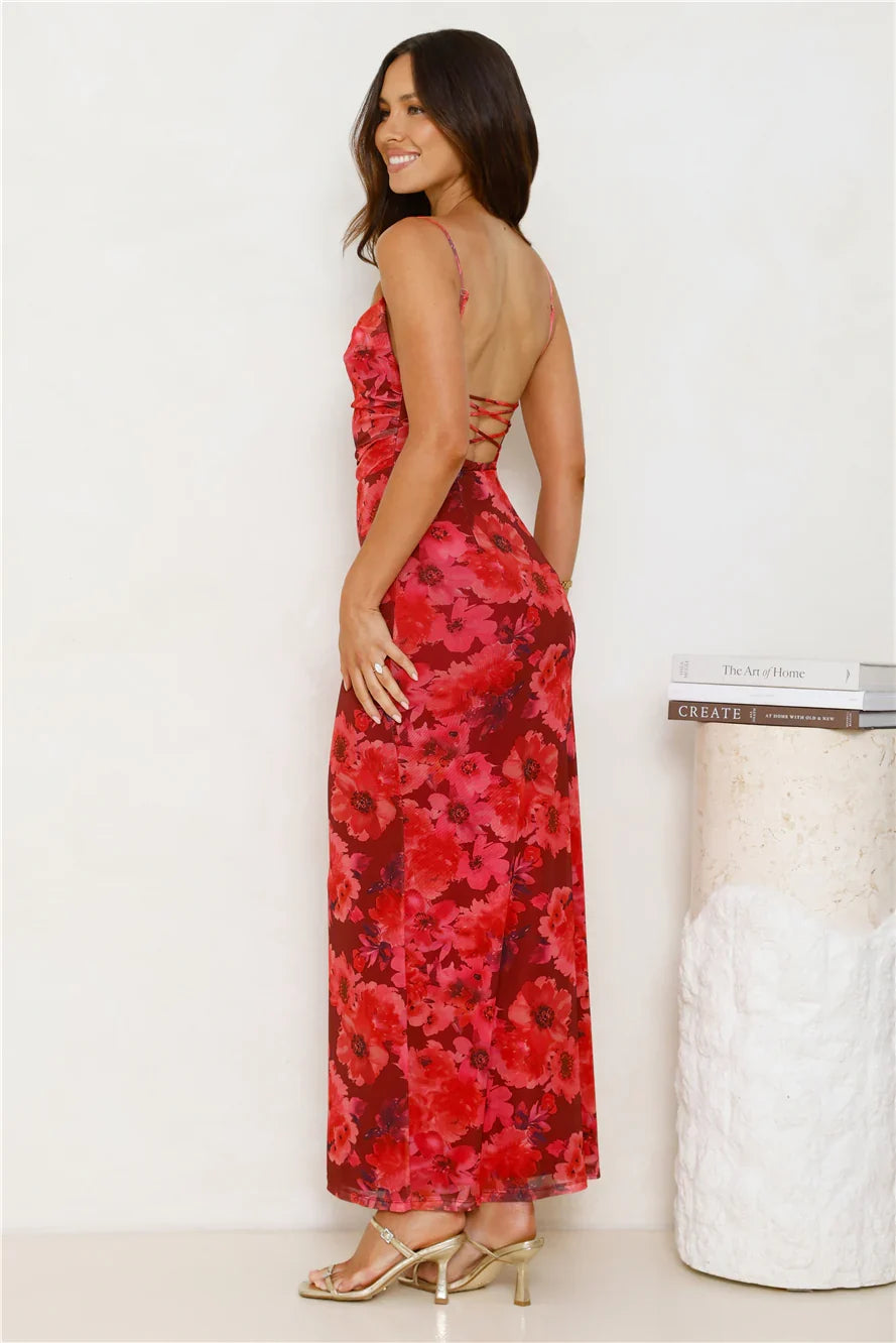 Fabulous Details Mesh Maxi Dress Red