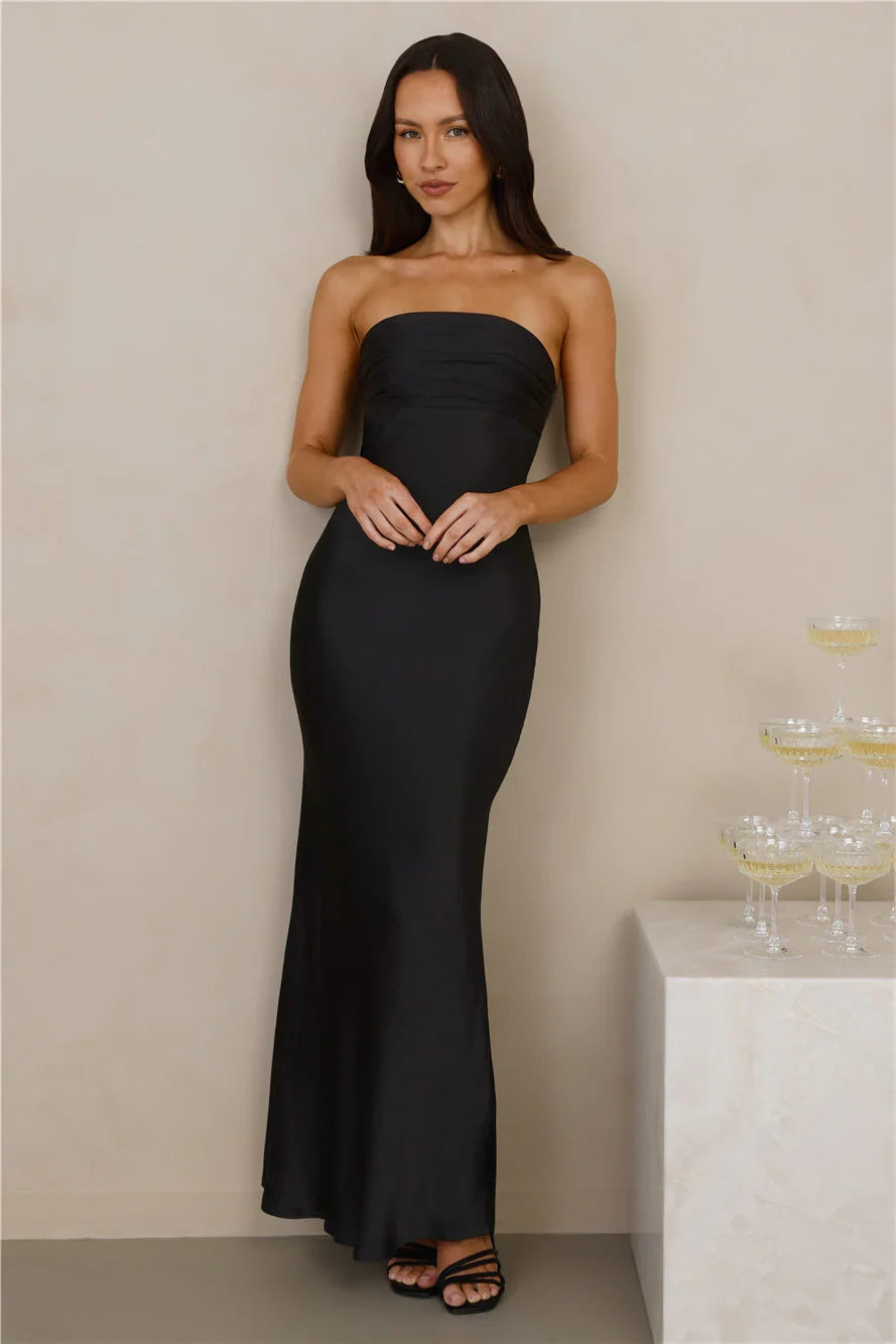 The Seraphina Strapless Satin Maxi Dress Black