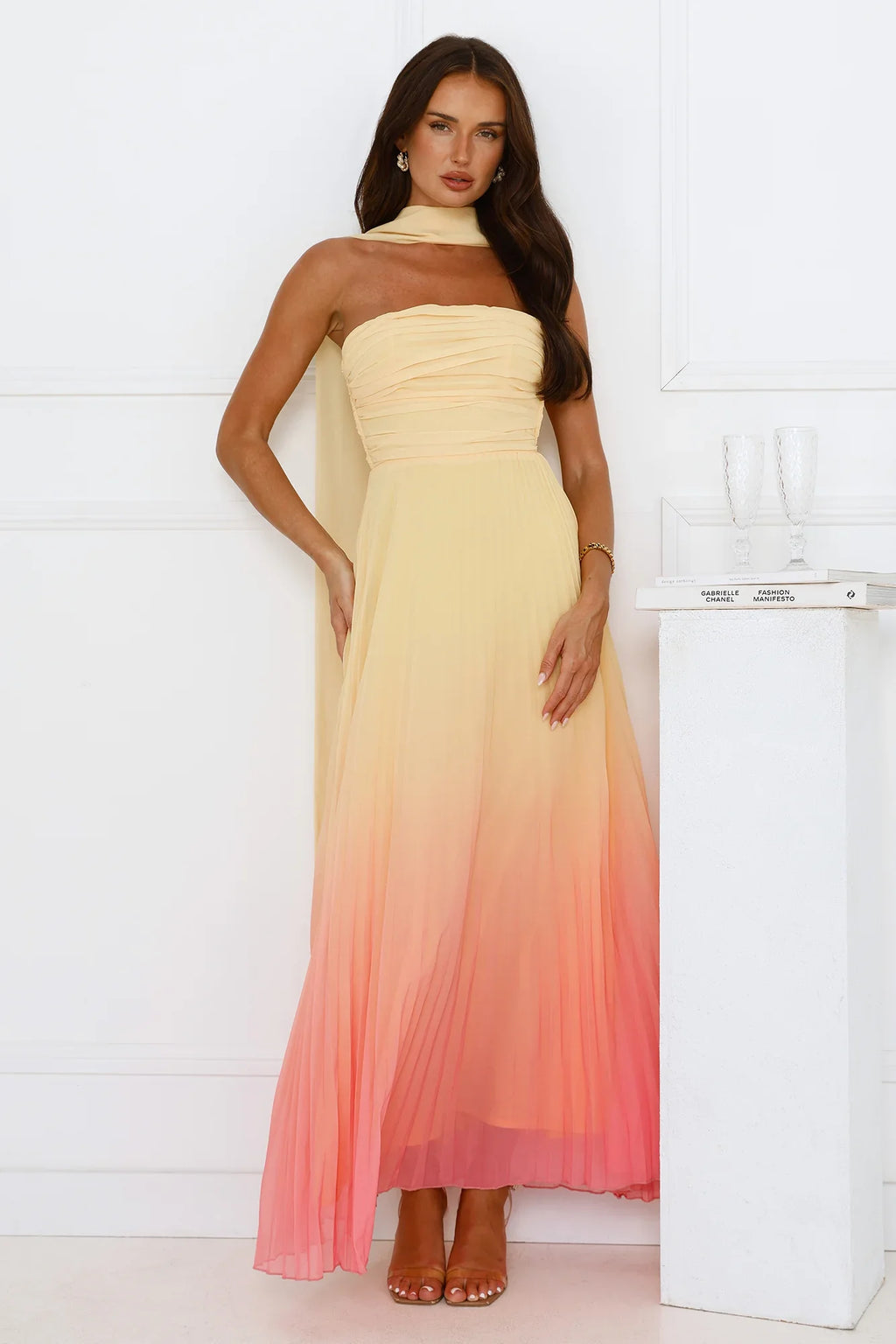 Sunset Magic Strapless Pleated Maxi Dress Yellow