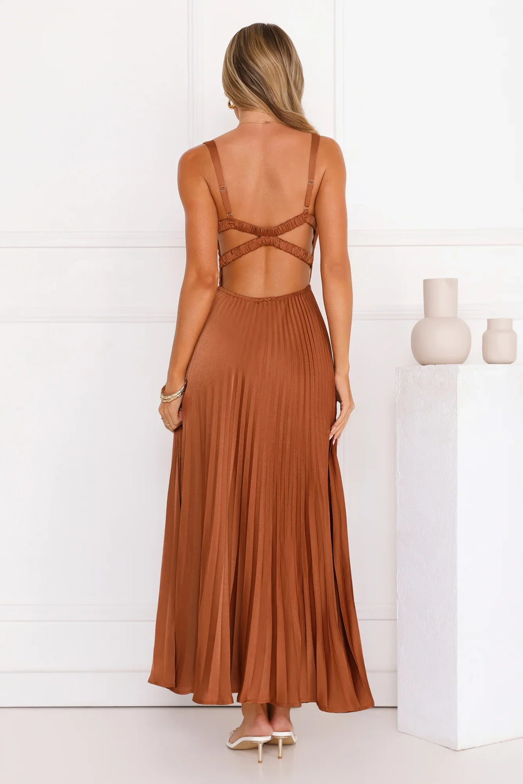Evening Reverie Pleated Maxi Dress Brown