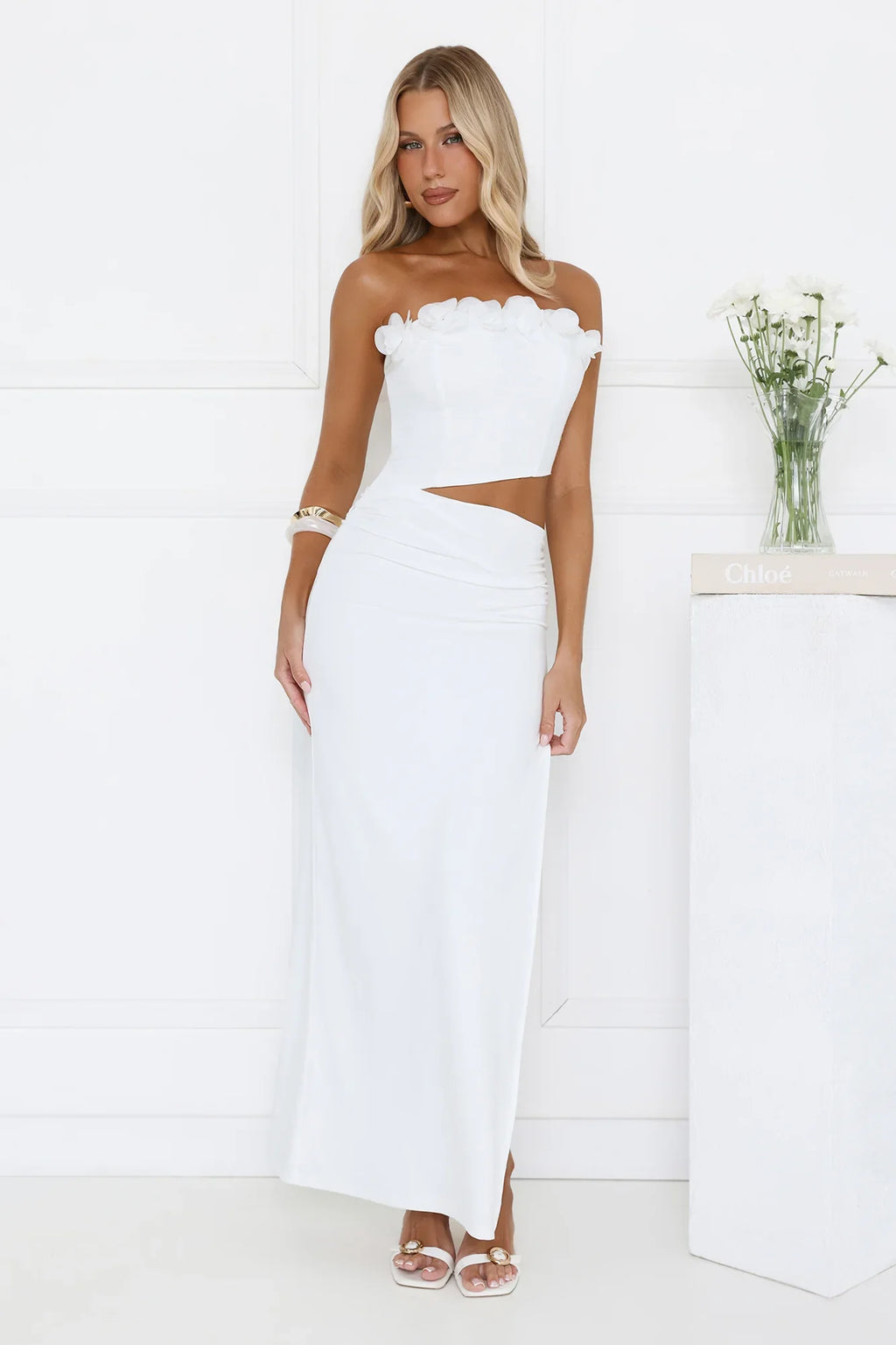 Floral Rose Strapless Maxi Dress Off White