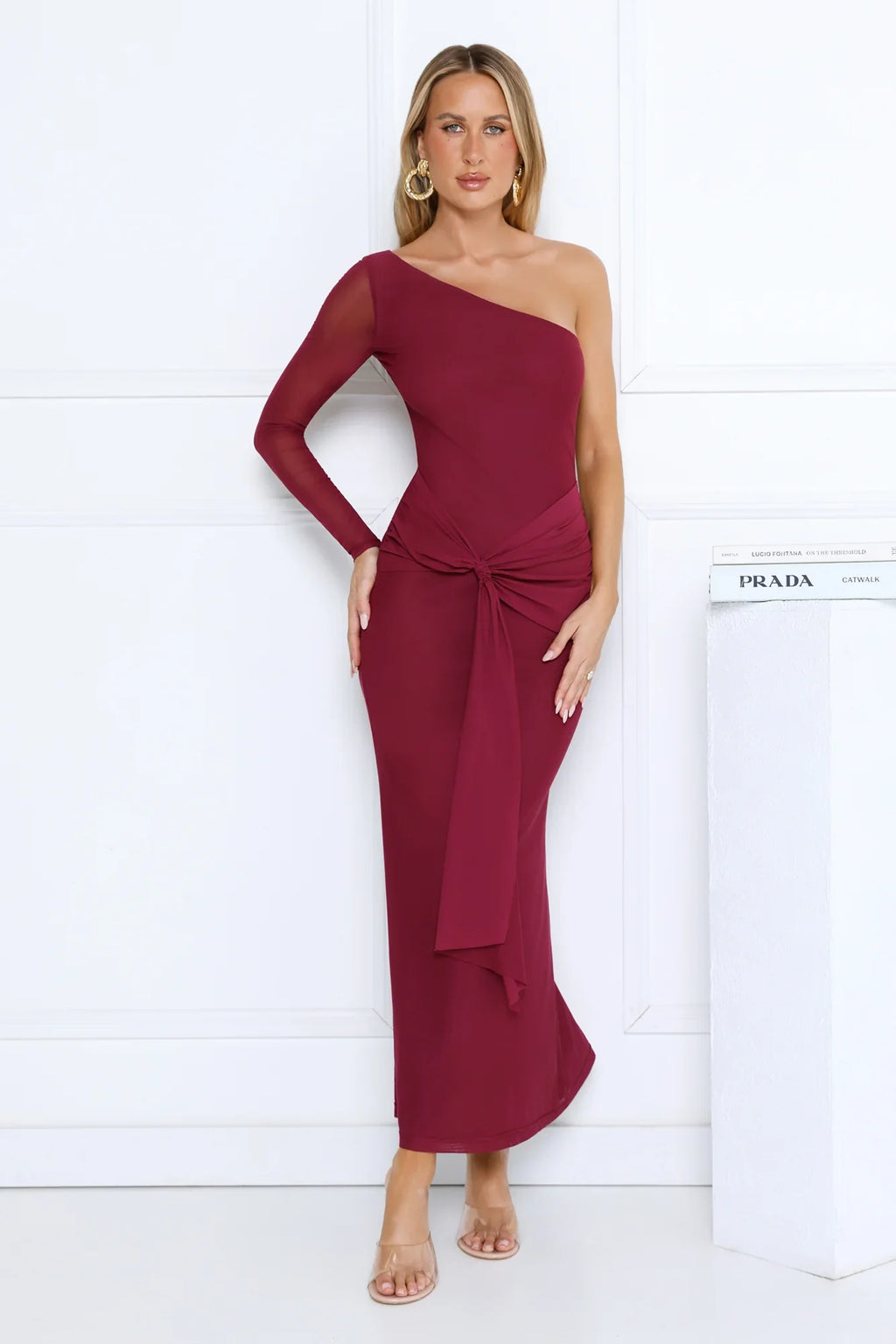 Dressed In Love One Shoulder Mesh Maxi Dress Plum