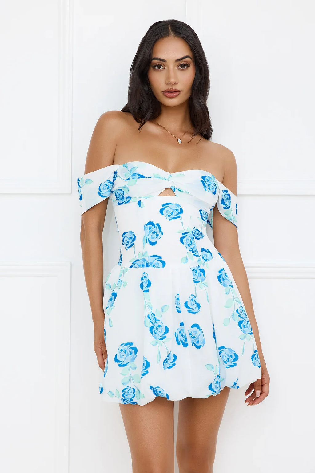 Easy Living Off Shoulder Bubble Mini Dress Blue