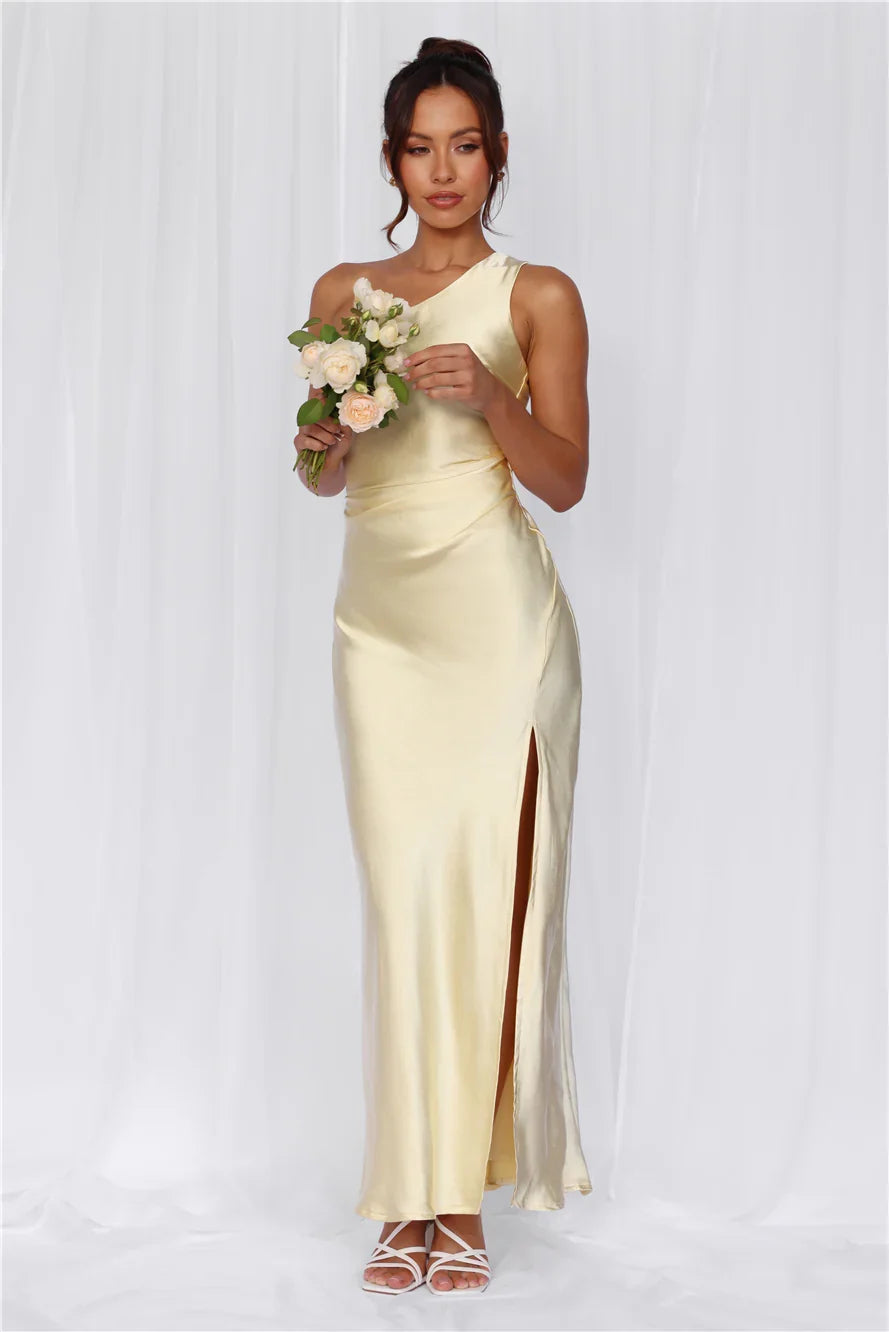 The Aurora One Shoulder Satin Maxi Dress Yellow