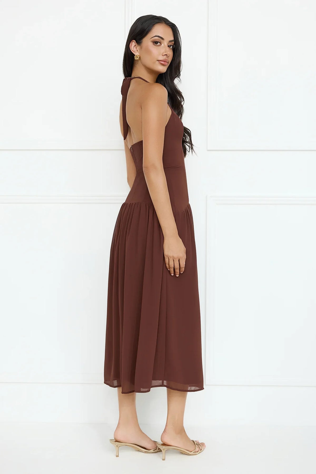Sassy Style Halter Midi Dress Brown