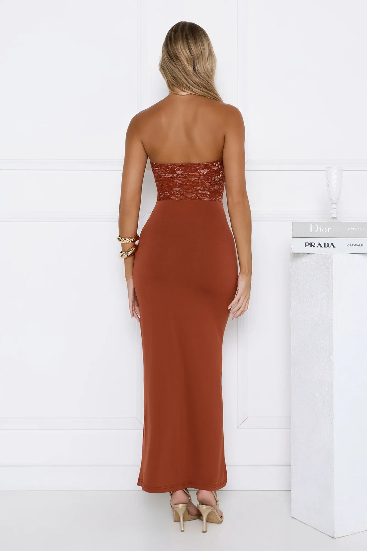 Signature Sleek Lace Strapless Maxi Dress Copper