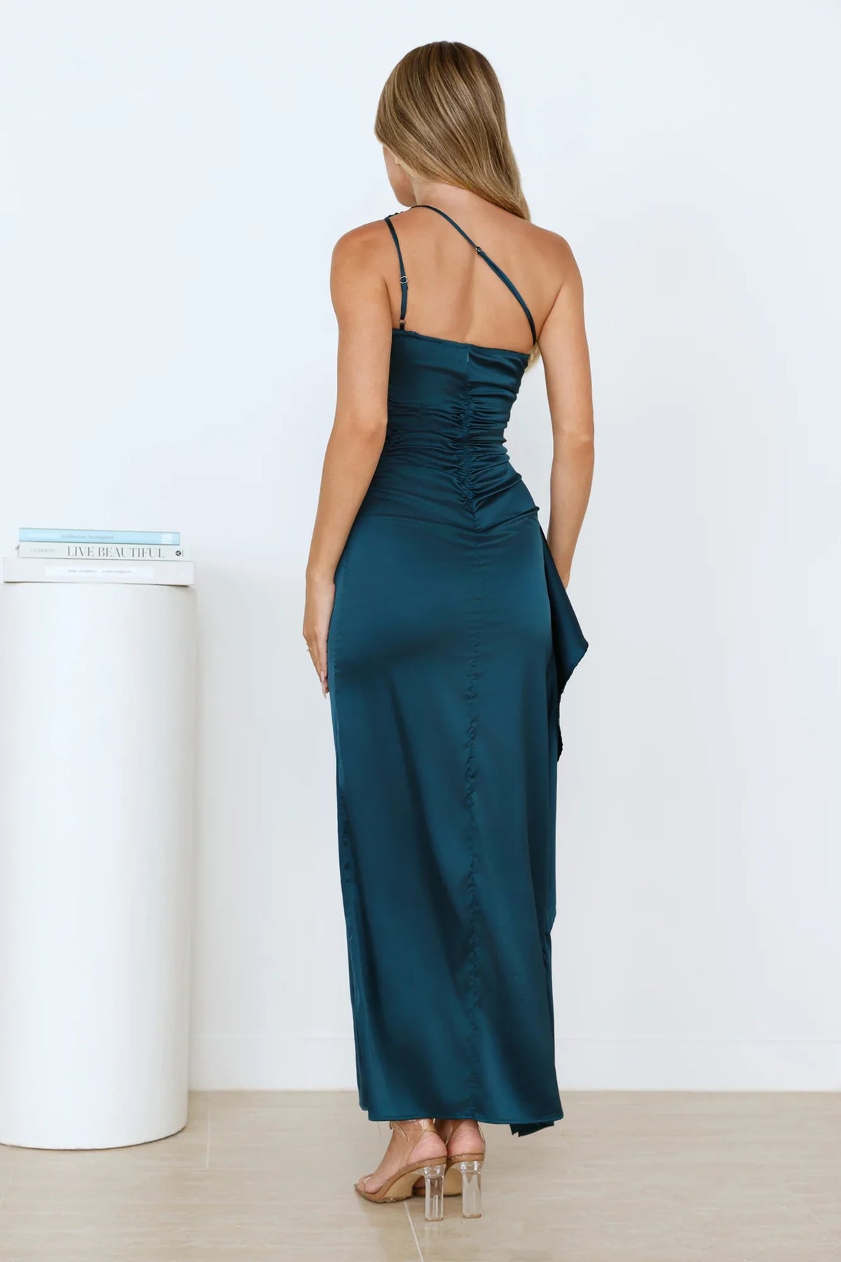 Sparkle Diaries One Shoulder Satin Maxi Dress Green