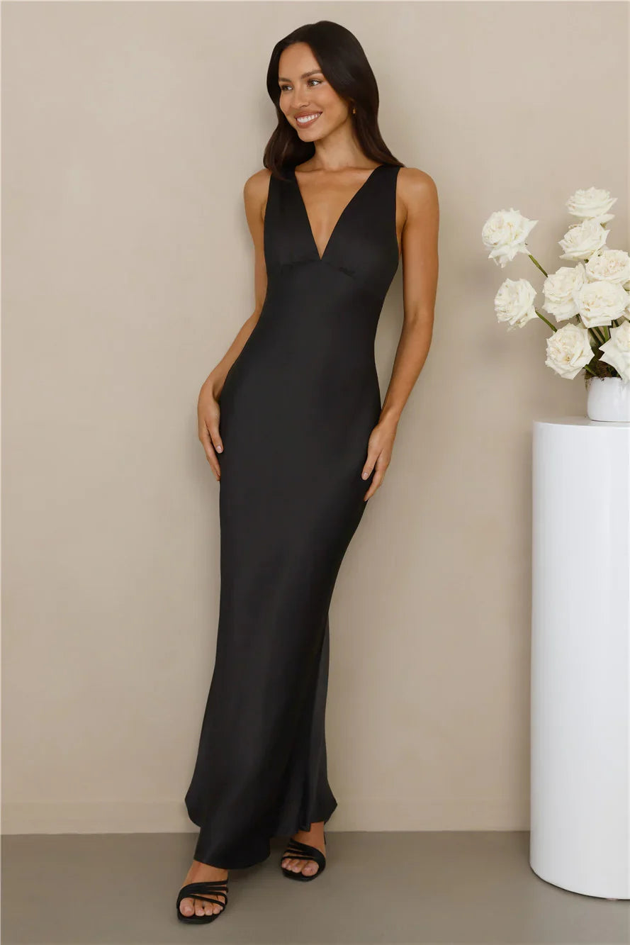 The Isabeau Satin Maxi Dress Black