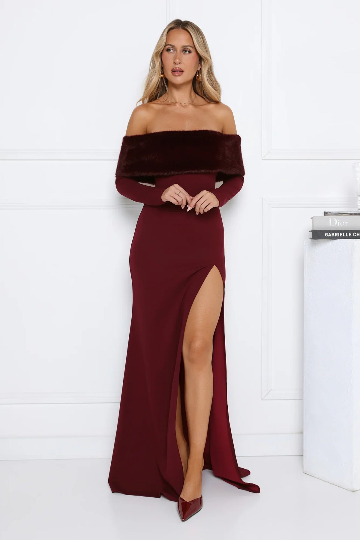 Glow In The Snow Faux Fur Off Shoulder Maxi Dress Wine