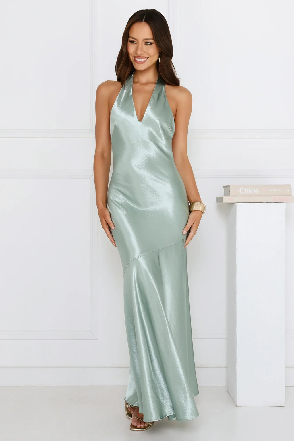 Softly Yours Satin Halter Maxi Dress Sage