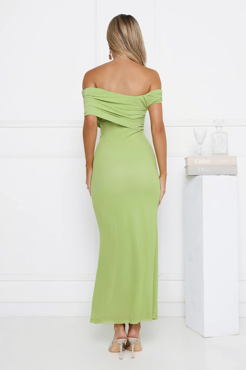 Talk Truthful Off Shoulder Mesh Maxi Dress Green