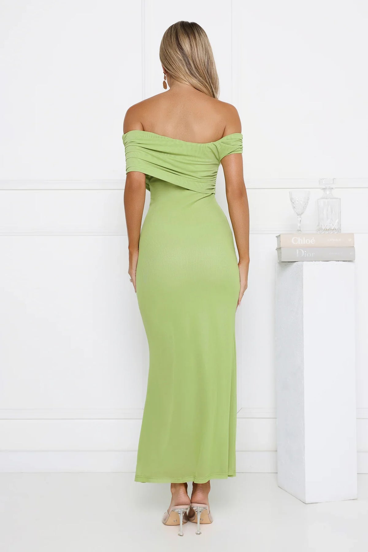 Talk Truthful Off Shoulder Mesh Maxi Dress Green