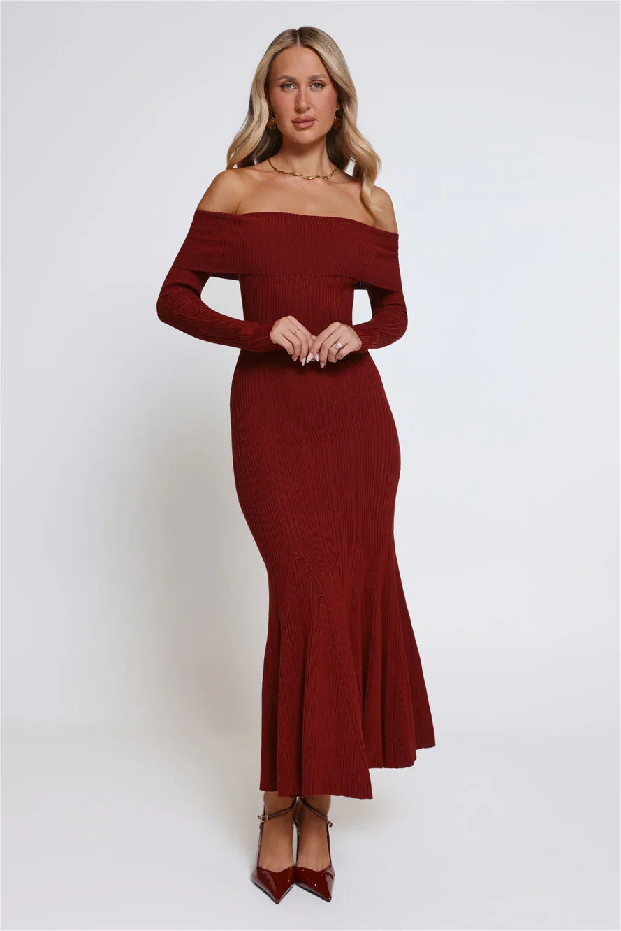 After Hours Aura Knit Off Shoulder Maxi Dress Wine