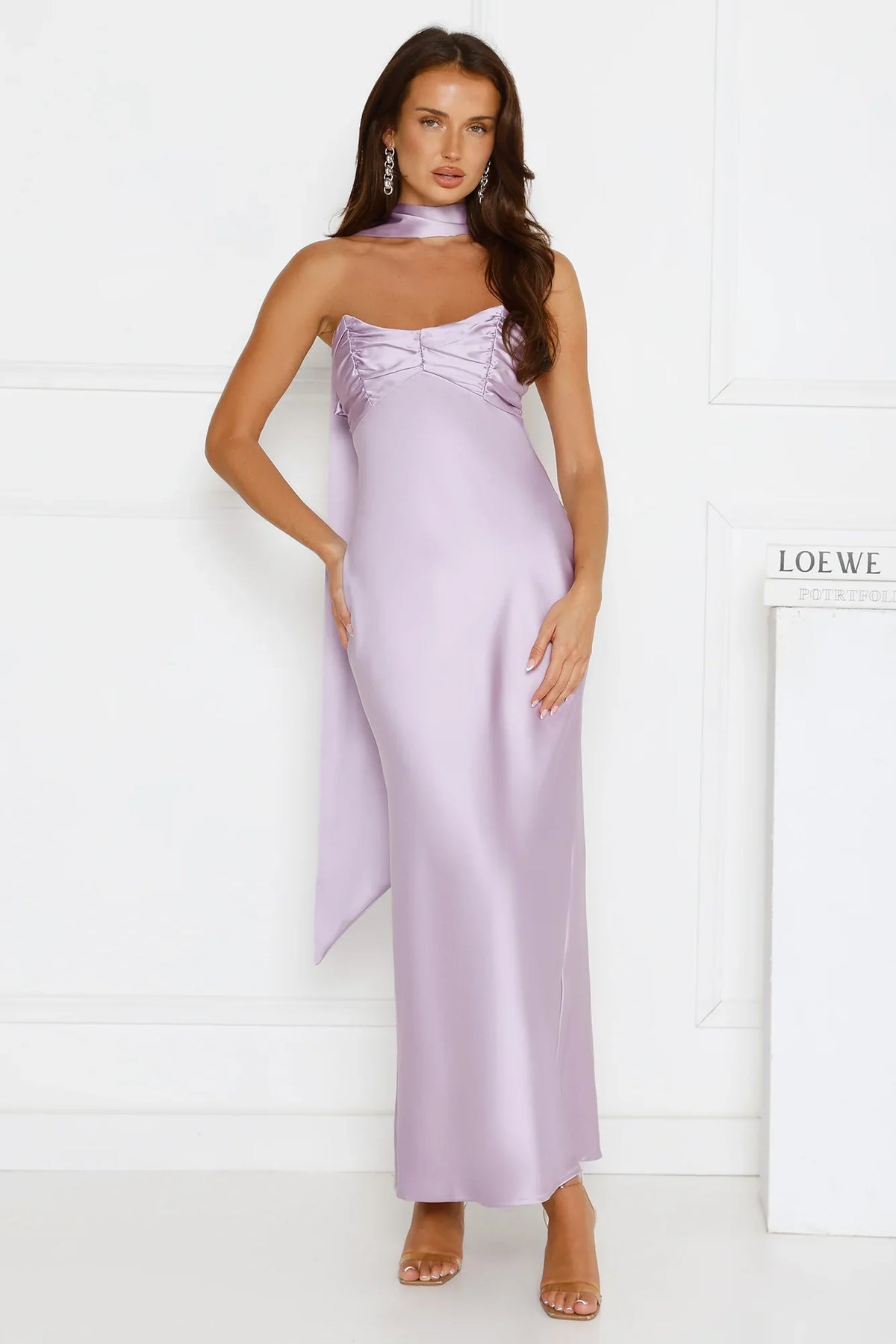 Be Noticed Strapless Satin Maxi Dress Lilac