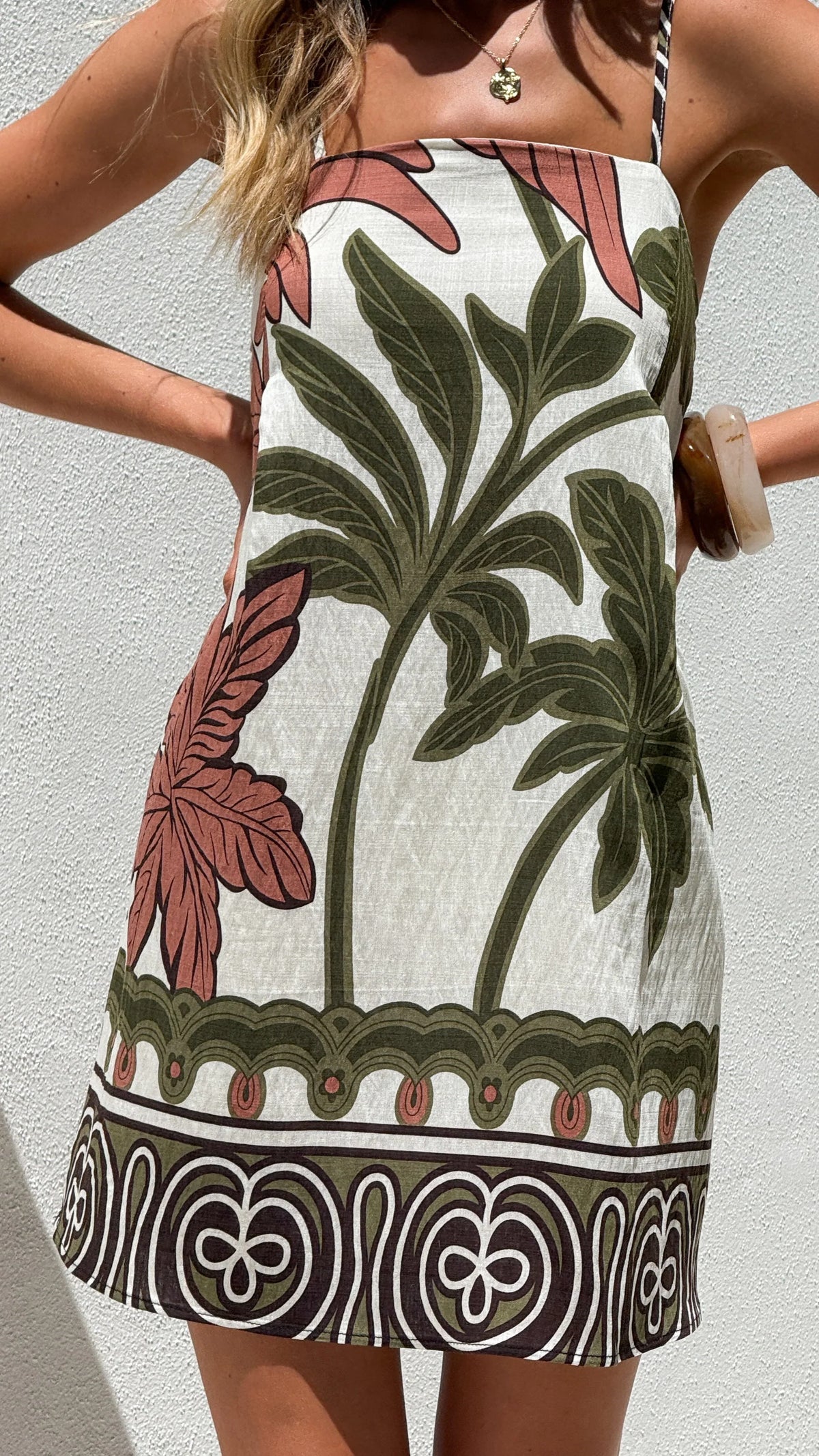 Bethani Mini Dress - Green/Beige Palm